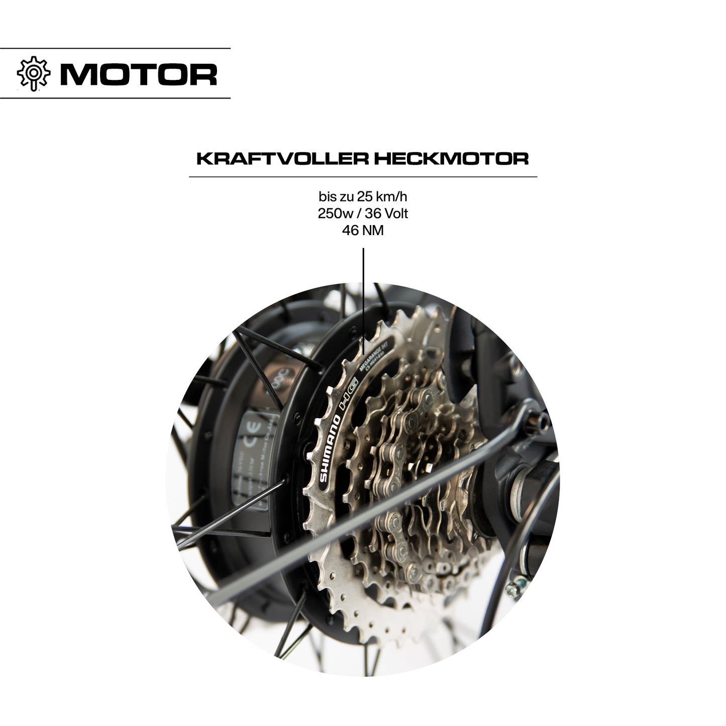 Detailaufnahme des 250 W 36 V Motors am Keskin CBike1V E-Bike – 26 Zoll City E-Bike mit Motorunterstützung für Alltag, Schule, Arbeitsweg und E-Bike Leasing in Deutschland