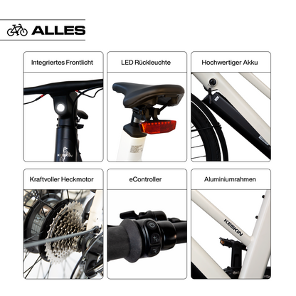 Sechs-Foto-Übersicht des sandfarbenen Keskin CBike1V E-Bikes – 26 Zoll City E-Bike mit integrierten Vorder- und Rücklichtern, Batterie, Hinterradmotor, Bedienelementen und Rahmen für Alltag, Schule, Arbeitsweg und E-Bike Leasing in Deutschland