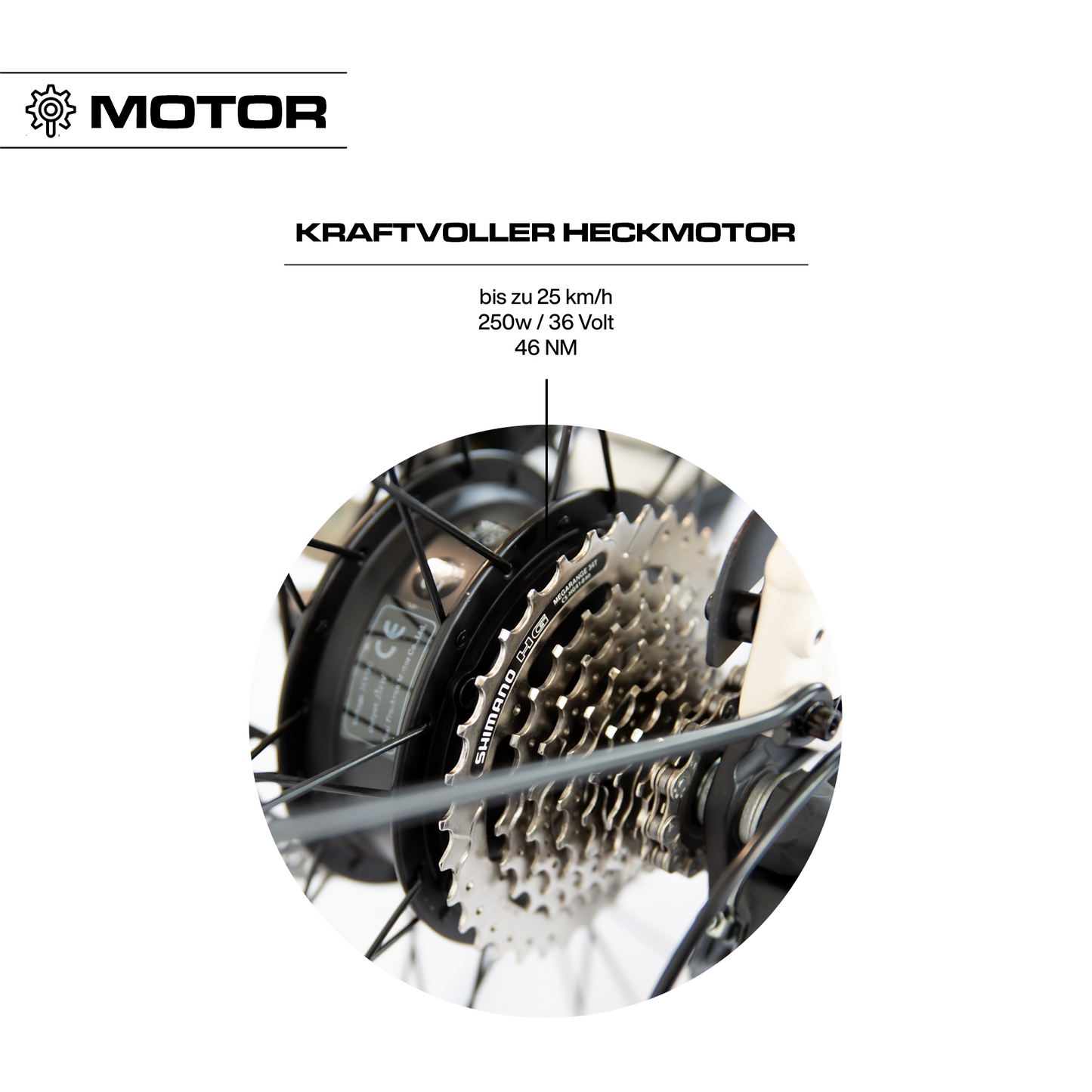 Detailaufnahme des 36 V 250 W 46 Nm Hinterradmotors am schwarzen Keskin CBike1V E-Bike – 26 Zoll City E-Bike mit Motorunterstützung für Alltag, Schule, Arbeitsweg und E-Bike Leasing in Deutschland