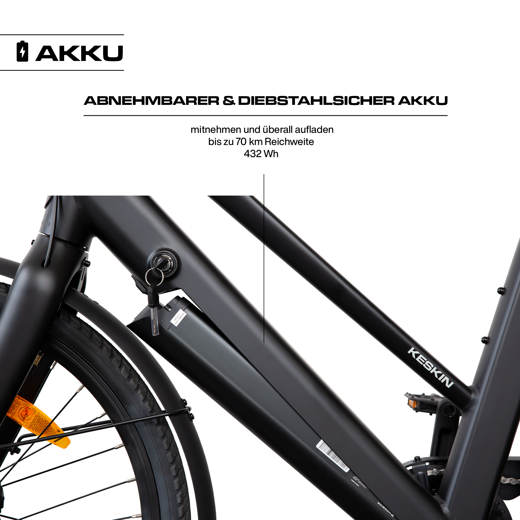 Detailaufnahme der integrierten Batterie am Keskin CBike1V E-Bike – 26 Zoll City E-Bike mit Motorunterstützung, für Alltag, Schule, Arbeitsweg und E-Bike Leasing in Deutschland