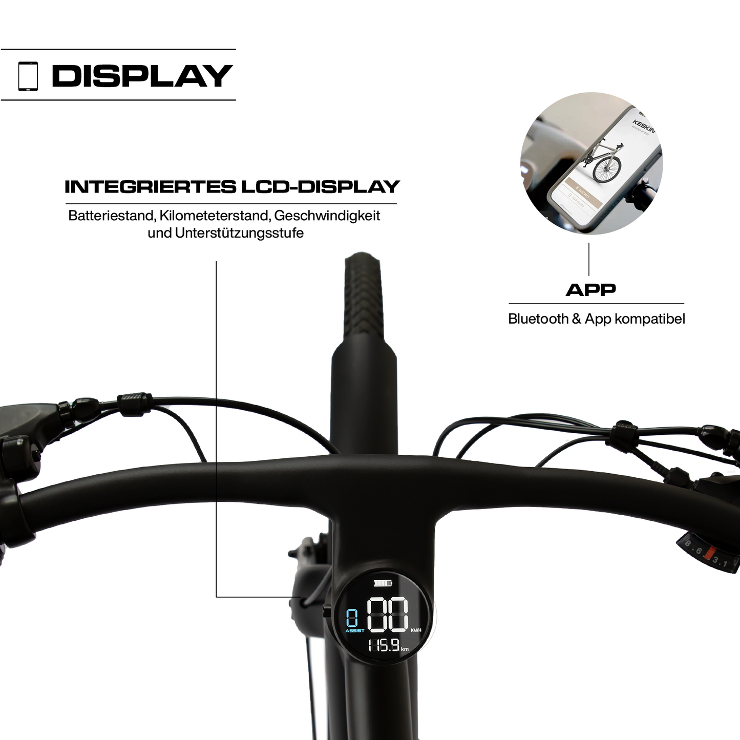Detailaufnahme des integrierten Displays am Keskin CBike1V E-Bike – 26 Zoll City E-Bike mit Motorunterstützung für Alltag, Schule, Arbeitsweg und E-Bike Leasing in Deutschland