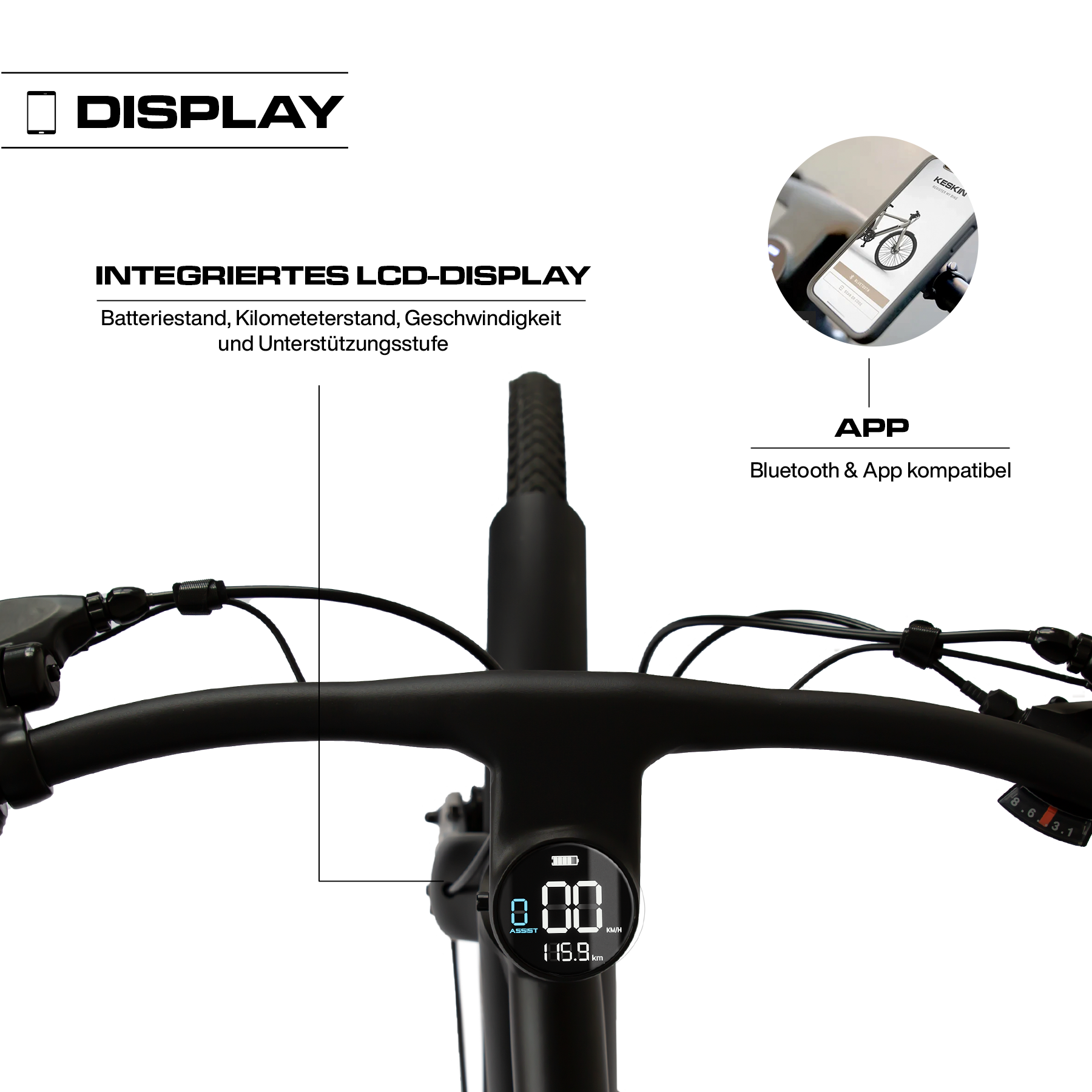 Detailaufnahme des integrierten Displays am Keskin CBike1V E-Bike – 26 Zoll City E-Bike mit Motorunterstützung für Alltag, Schule, Arbeitsweg und E-Bike Leasing in Deutschland
