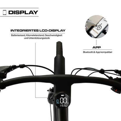 Detailaufnahme des integrierten Displays am Keskin CBike1V E-Bike – 26 Zoll City E-Bike mit Motorunterstützung für Alltag, Schule, Arbeitsweg und E-Bike Leasing in Deutschland