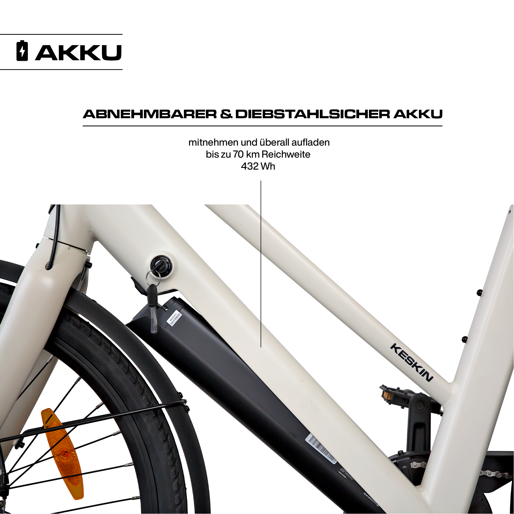 Detailaufnahme der sandfarbenen integrierten Batterie mit Schloss am Keskin CBike1V E-Bike – 26 Zoll City E-Bike mit Motorunterstützung für Alltag, Schule, Arbeitsweg und E-Bike Leasing in Deutschland