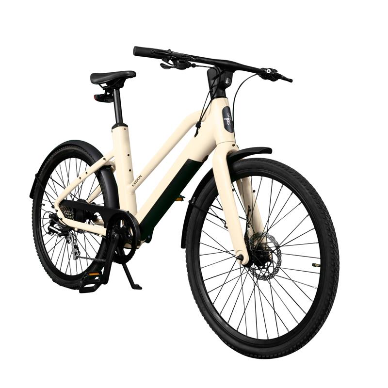 Schrägansicht des sandfarbenen Keskin CBike1V E-Bikes – 26 Zoll City E-Bike mit Motorunterstützung, ideal für Alltag, Schule, Arbeitsweg und E-Bike Leasing in Deutschland