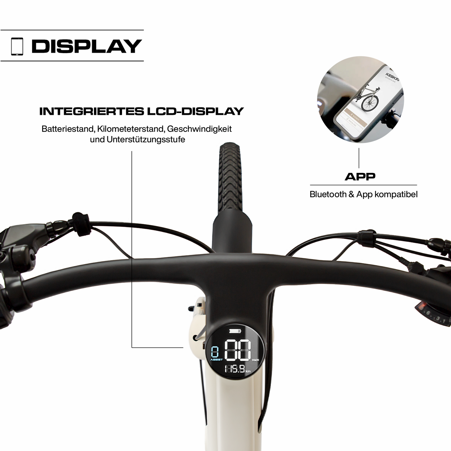 Detailaufnahme des sandfarbenen integrierten Displays und der mobilen App am Keskin CBike1V E-Bike – 26 Zoll City E-Bike mit Motorunterstützung für Alltag, Schule, Arbeitsweg und E-Bike Leasing in Deutschland