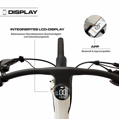 Detailaufnahme des sandfarbenen integrierten Displays und der mobilen App am Keskin CBike1V E-Bike – 26 Zoll City E-Bike mit Motorunterstützung für Alltag, Schule, Arbeitsweg und E-Bike Leasing in Deutschland