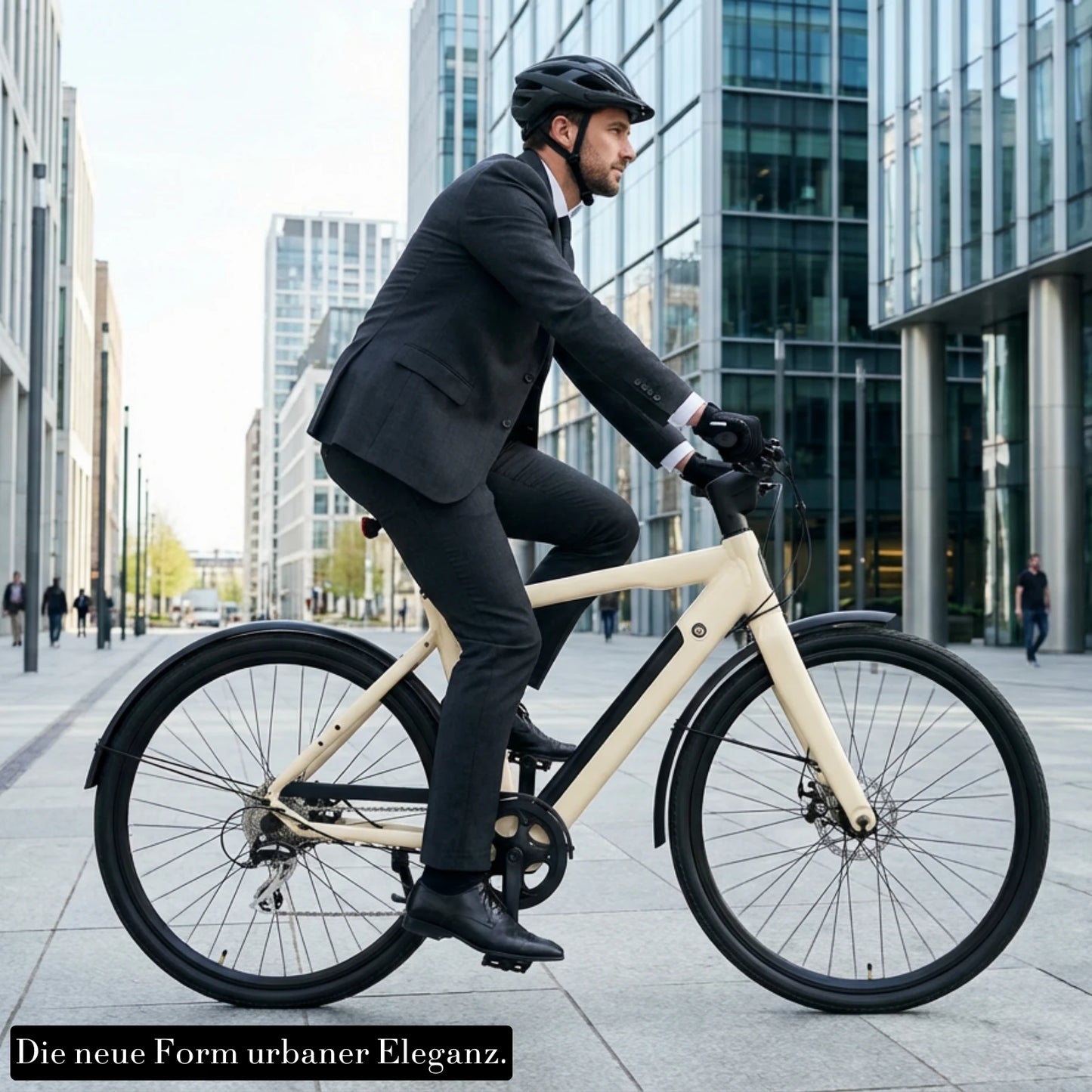 Ein Geschäftsmann fährt in Deutschland mit dem sandmatten Keskin CBIKE1 E‑Bike durch die Stadt auf dem Weg zur Arbeit