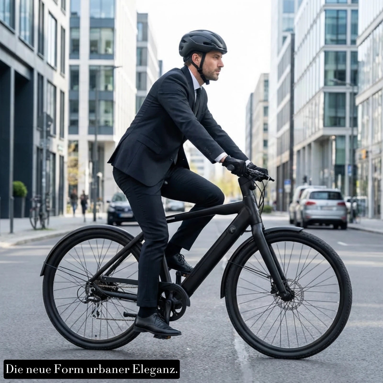 Ein Geschäftsmann fährt in Deutschland mit dem mattschwarzen Keskin CBIKE1 E‑Bike durch die Stadt auf dem Weg zur Arbeit.