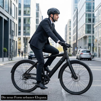 Ein Geschäftsmann fährt in Deutschland mit dem mattschwarzen Keskin CBIKE1 E‑Bike durch die Stadt auf dem Weg zur Arbeit.