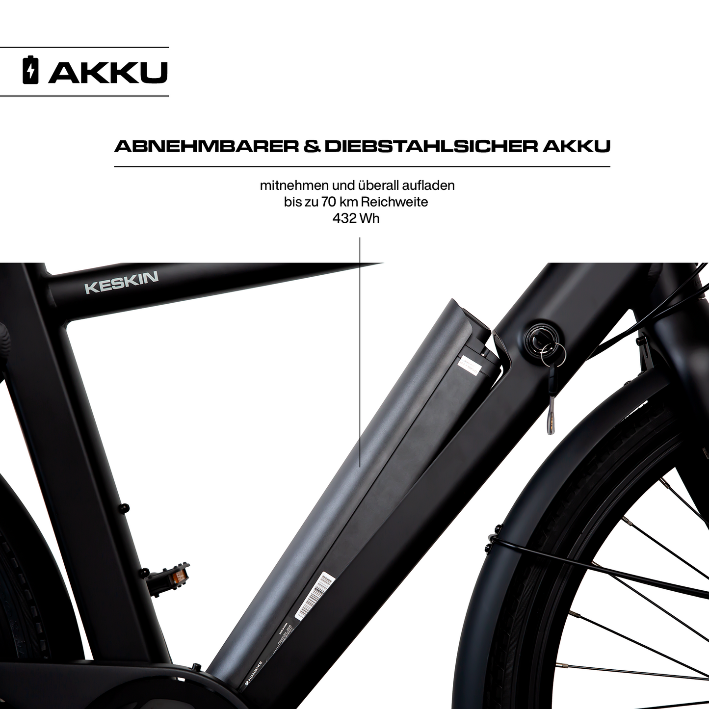 Integrierter Akku am Keskin cBike1 E-Bike mit Schloss und Schlüssel – sichere Energieversorgung und Diebstahlschutz für den Stadtverkehr in Deutschland