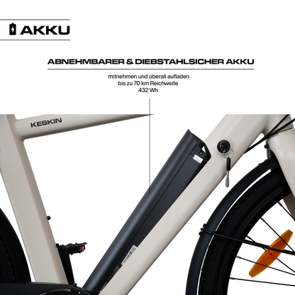 Integrierter Akku am Keskin cBike1 E-Bike in Sand mit Schloss und Schlüssel – sichere Energieversorgung und Diebstahlsicherung für den Stadtverkehr in Deutschland