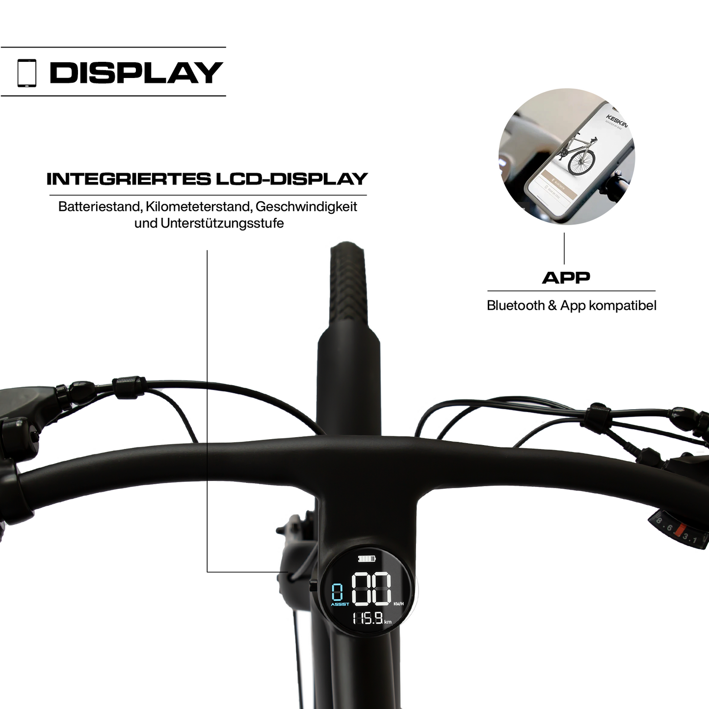 Integriertes Display mit Smartphone App am Keskin cBike1 E-Bike in Schwarz – Bluetooth Verbindung zur Anzeige von Fahrdaten, Akkustatus und gefahrenen Kilometern in Deutschland