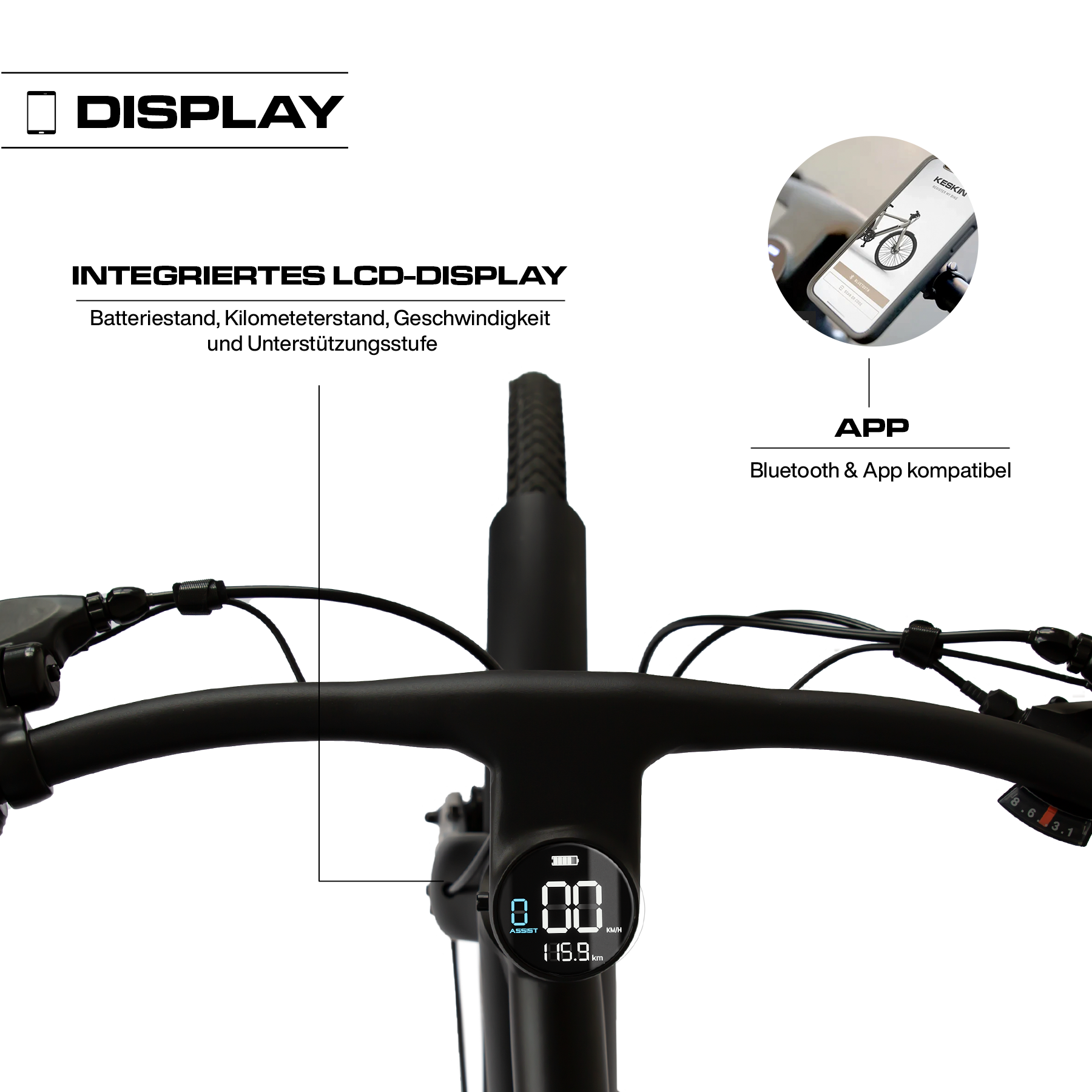 Integriertes Display mit Smartphone App am Keskin cBike1 E-Bike in Schwarz – Bluetooth Verbindung zur Anzeige von Fahrdaten, Akkustatus und gefahrenen Kilometern in Deutschland