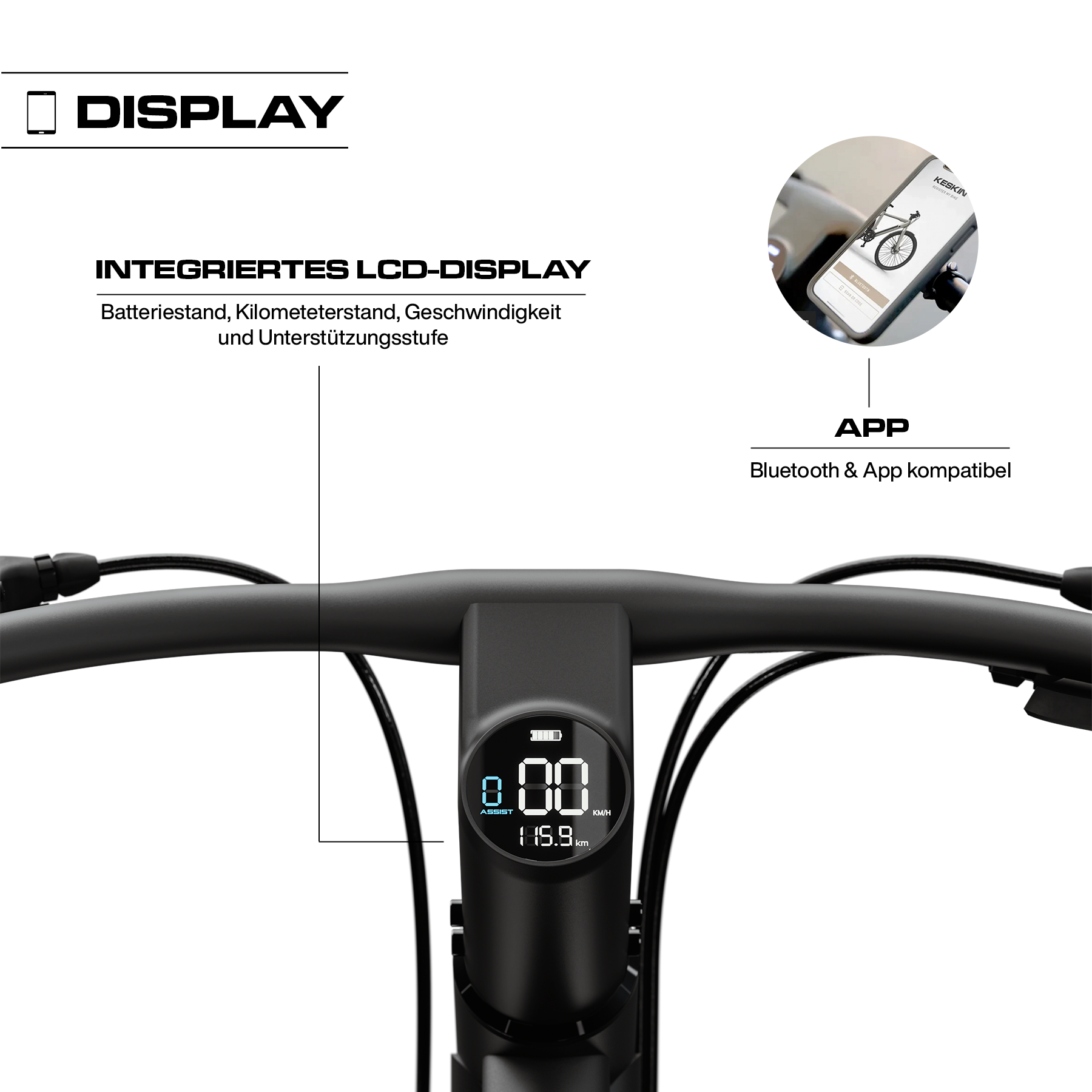 Integriertes Display mit Smartphone App am Keskin cBike1 E-Bike in Sand – Bluetooth Verbindung zur Anzeige von Fahrdaten, Akkustatus und gefahrenen Kilometern für den Stadtverkehr in Deutschland