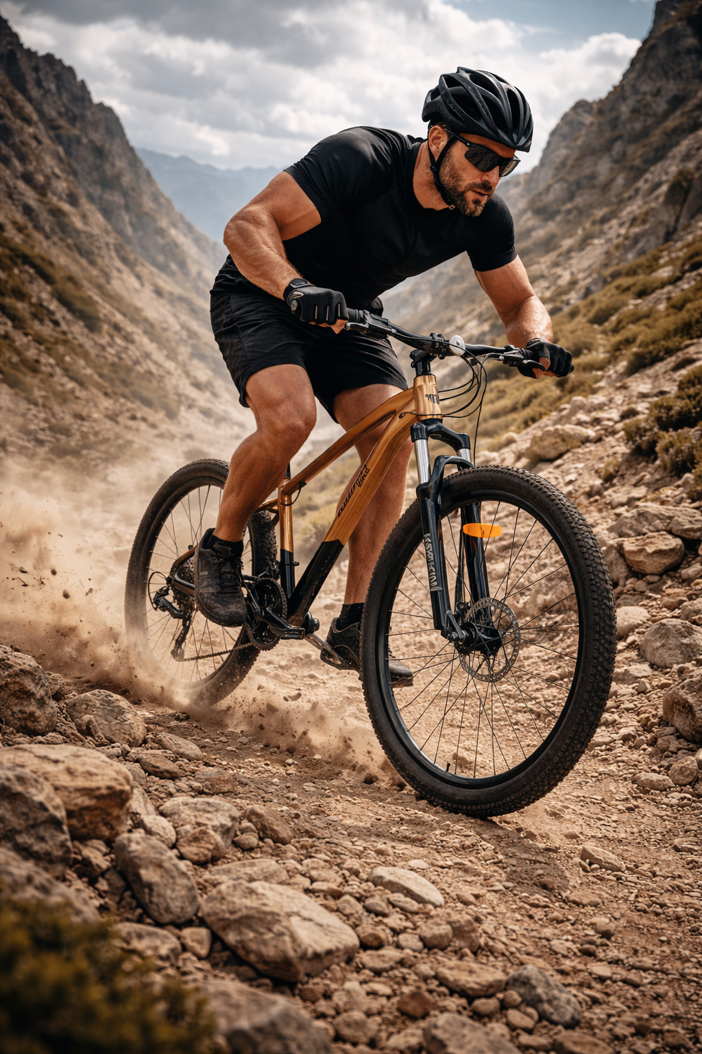 Keskin Bike MTB1 29 Zoll Bronze Mountainbike, Einsatz im deutschen Berggelände mit starkem männlichem Sportler_mobile