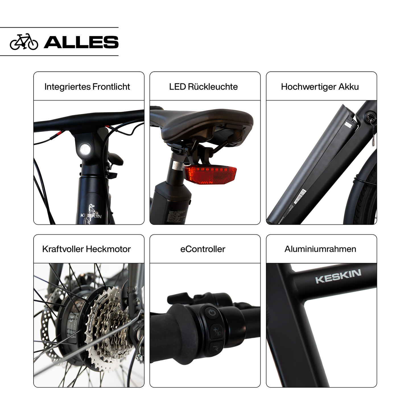 Detailansicht des Keskin cBike1 E-Bikes – zeigt Front- und Rücklicht, integrierten Akku, Aluminium-Minimaldesign-Rahmen, Bedientasten am Lenker und Hinterradmotor für sicheren und komfortablen Stadtverkehr in Deutschland
