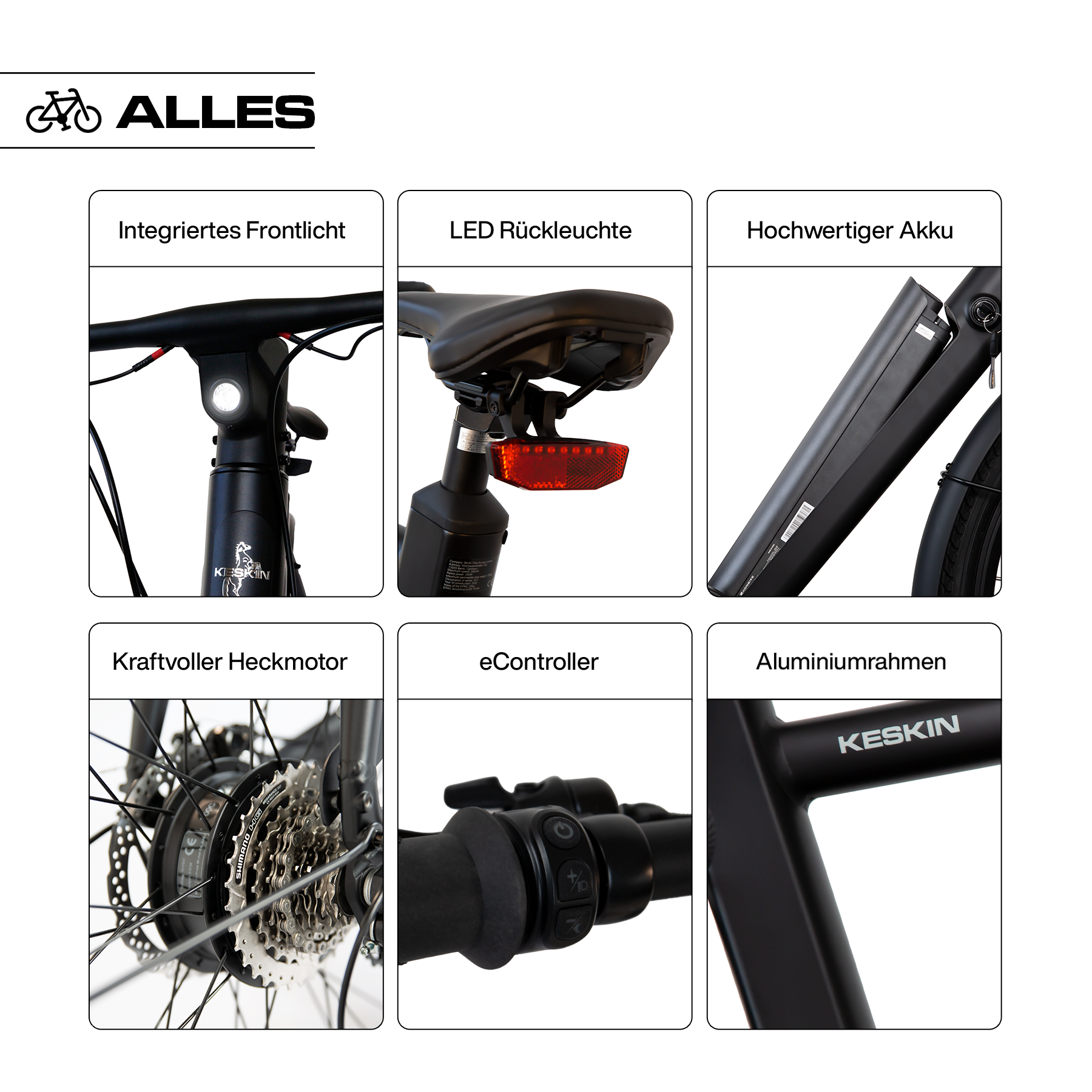 Detailansicht des Keskin cBike1 E-Bikes – zeigt Front- und Rücklicht, integrierten Akku, Aluminium-Minimaldesign-Rahmen, Bedientasten am Lenker und Hinterradmotor für sicheren und komfortablen Stadtverkehr in Deutschland