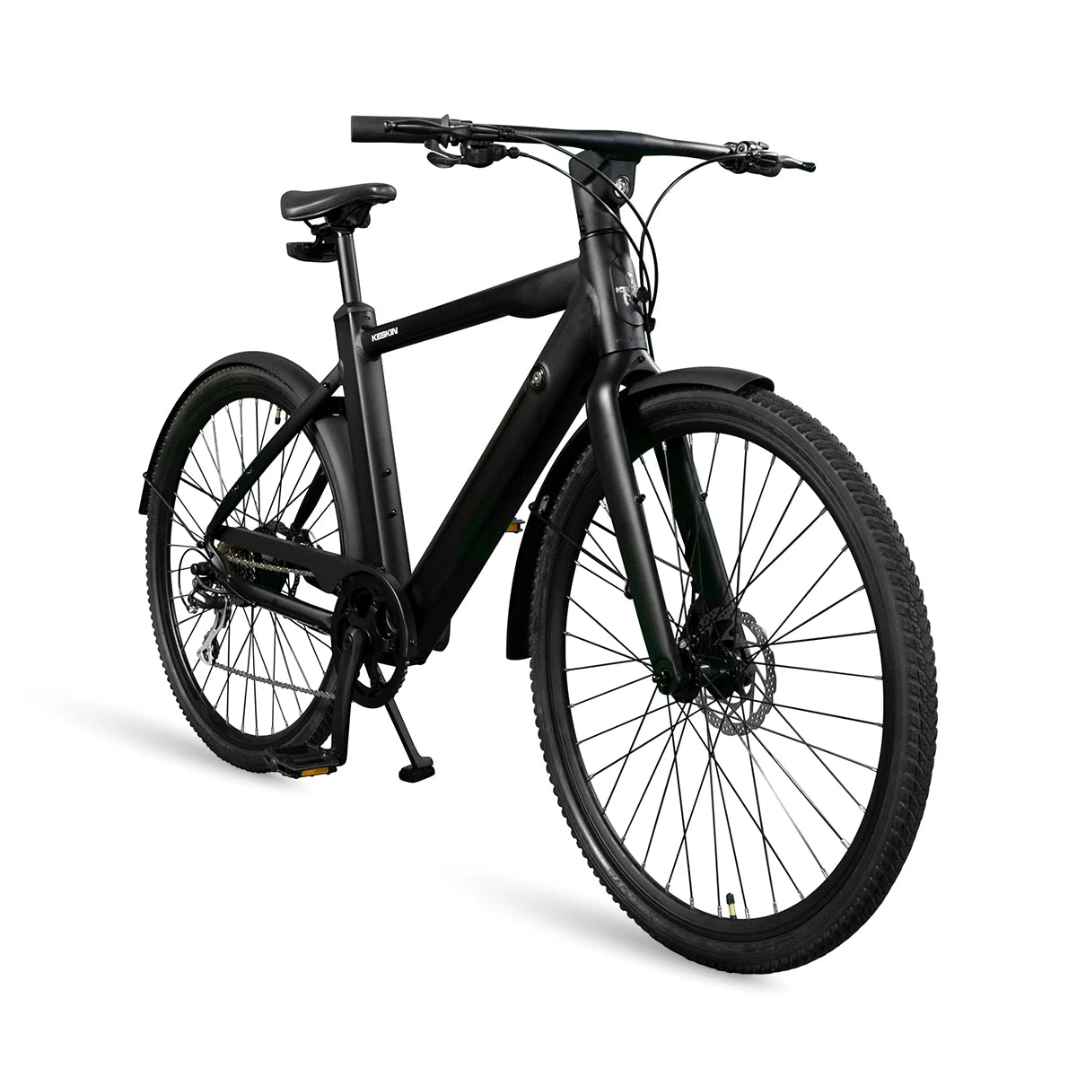 Keskin cBike1 E-Bike in Schwarz – 45° Ansicht von vorne mit integriertem Akku, Hinterradmotor und modernen Features für komfortables Fahren im Stadtverkehr in Deutschland