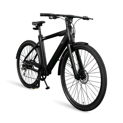 Keskin cBike1 E-Bike in Schwarz – 45° Ansicht von vorne mit integriertem Akku, Hinterradmotor und modernen Features für komfortables Fahren im Stadtverkehr in Deutschland