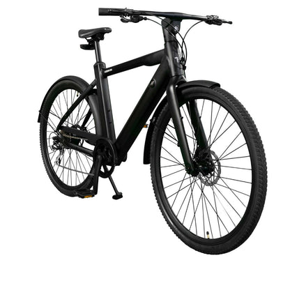 45-Grad-Frontansicht des Keskin cBike1 E-Bikes in Schwarz – City E-Bike mit integriertem Akku, Motorunterstützung und modernen Features für den täglichen Arbeitsweg in Deutschland