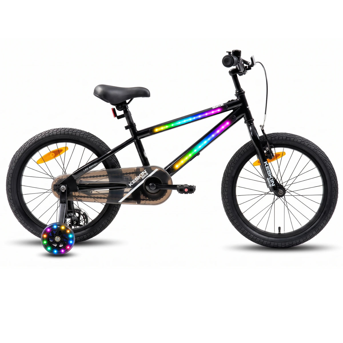Keskin Ebike LED Kids Bike Balck with LED frame lights and light-up training wheels.