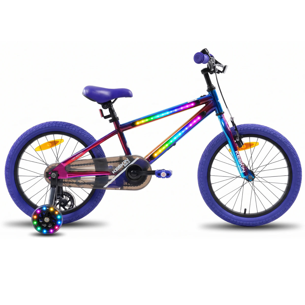 Keskin Ebike LED Kids Bike Blue with LED frame lights and light-up training wheels.