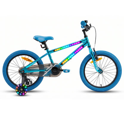 Keskin Ebike LED Kids Bike Green with LED frame lights and light-up training wheels.
